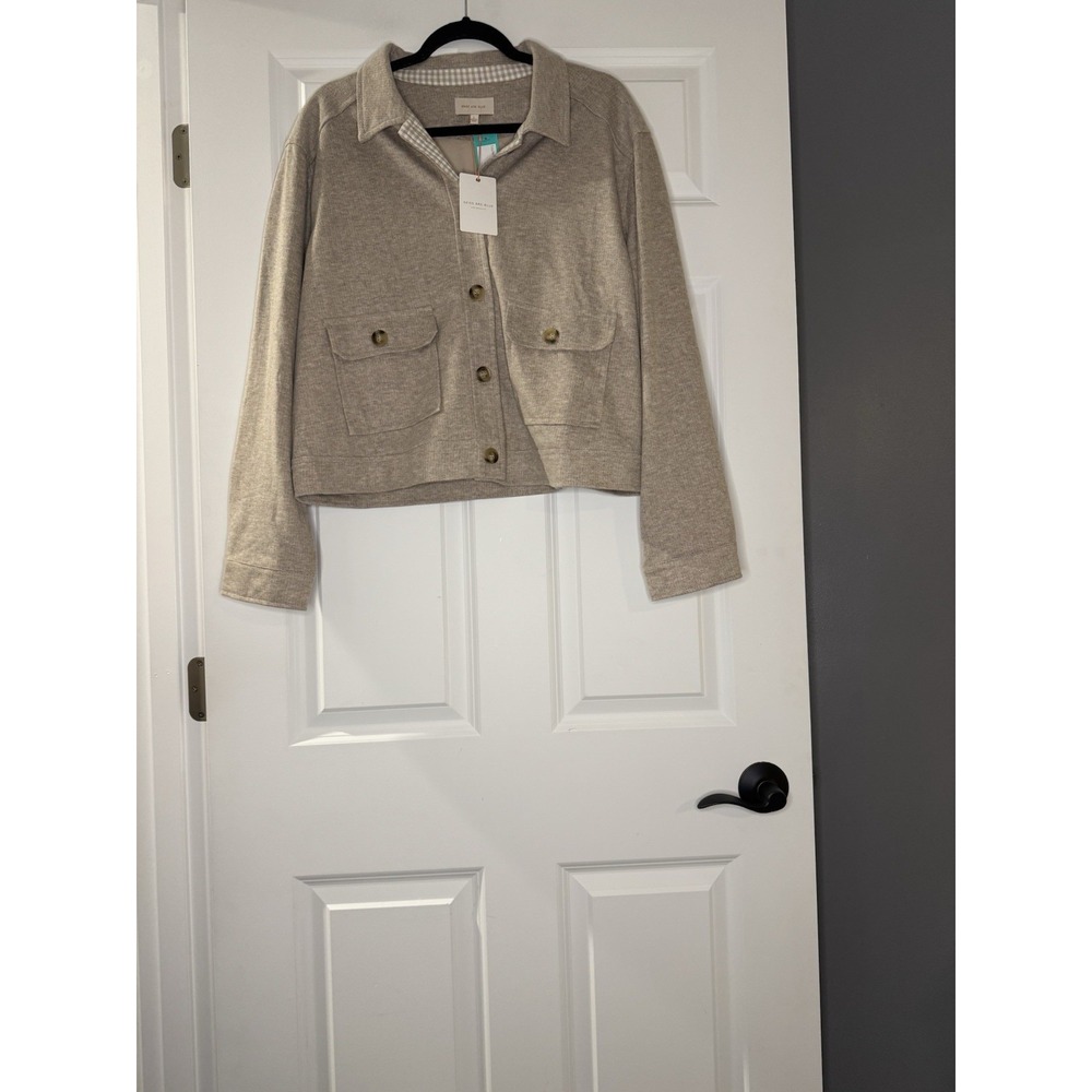 Skies Are Blue Cropped Knit Jacket Dual Flap Pockets Large Beige Nwt